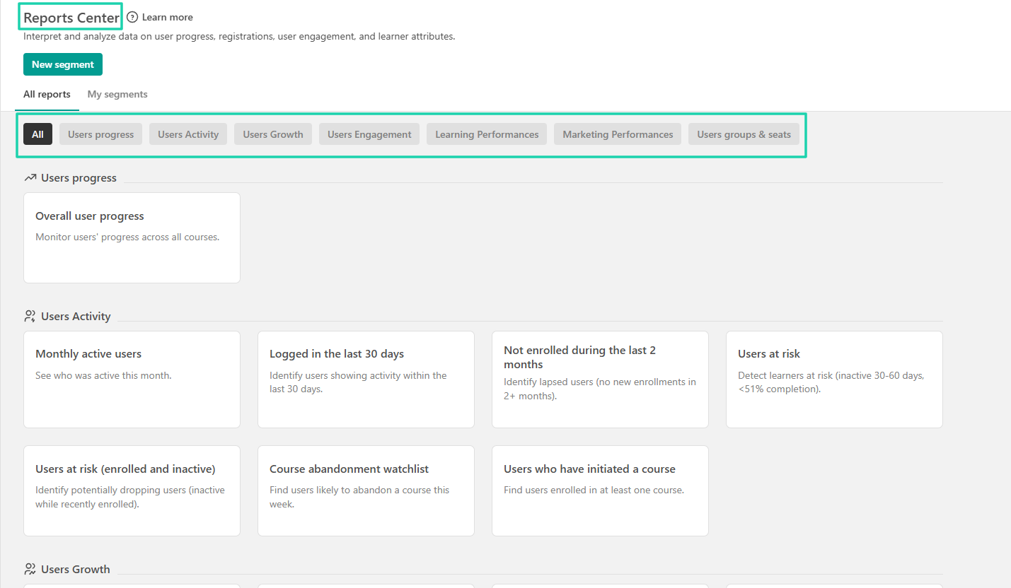 LearnWorlds reports center feature