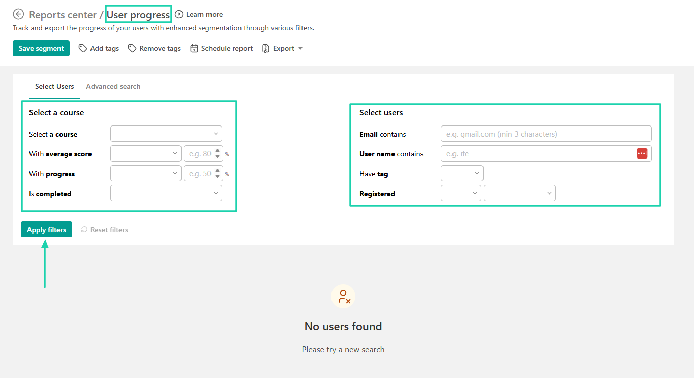 apply filters in reports center