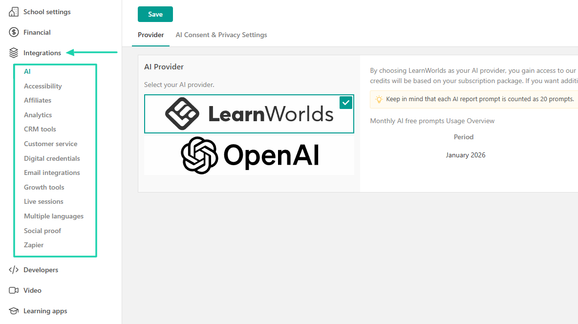 all integrations on LearnWorlds