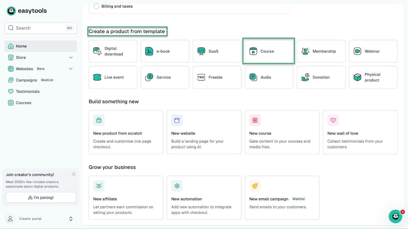 How to sell digital products online: course builder showing “Course” — website builder