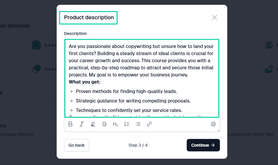 product description in text field