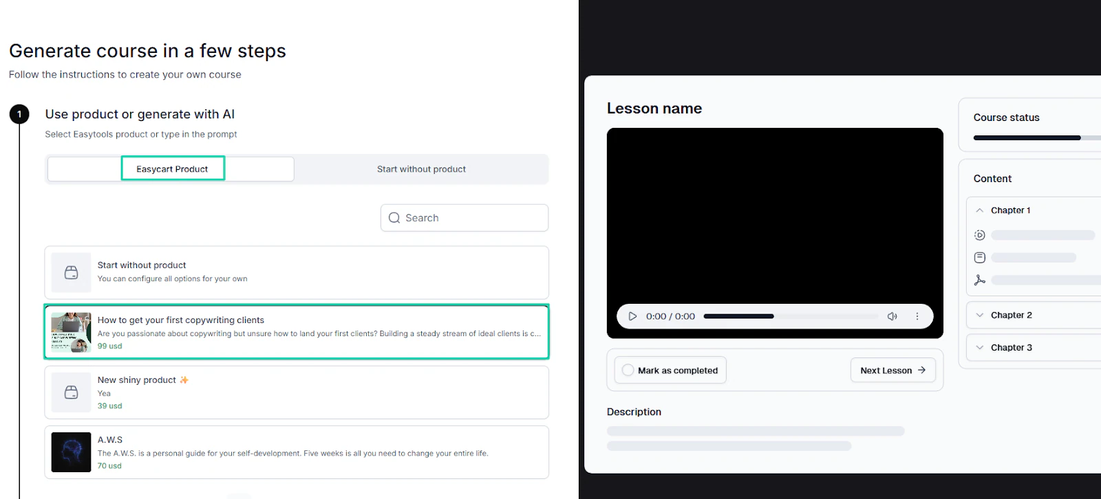 course generation page on Easytools