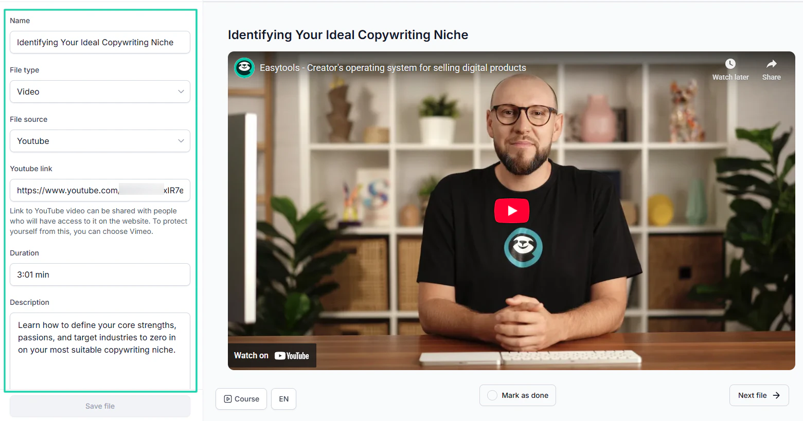 How to sell digital products online: course builder screenshot