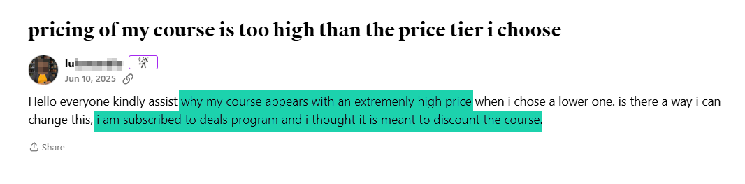 customer concerns about course price