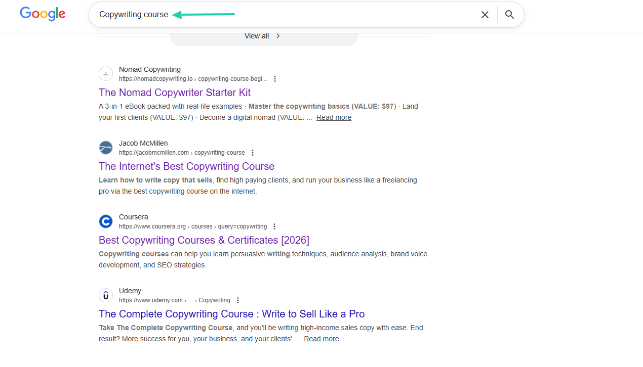 google serp for copywriting course