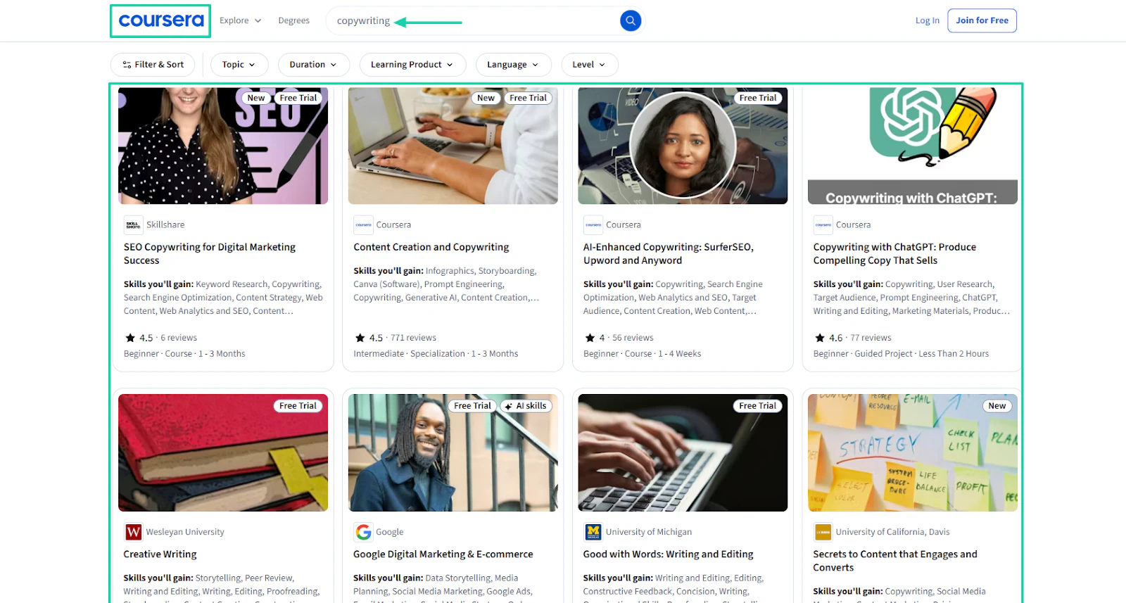 coursera search results page