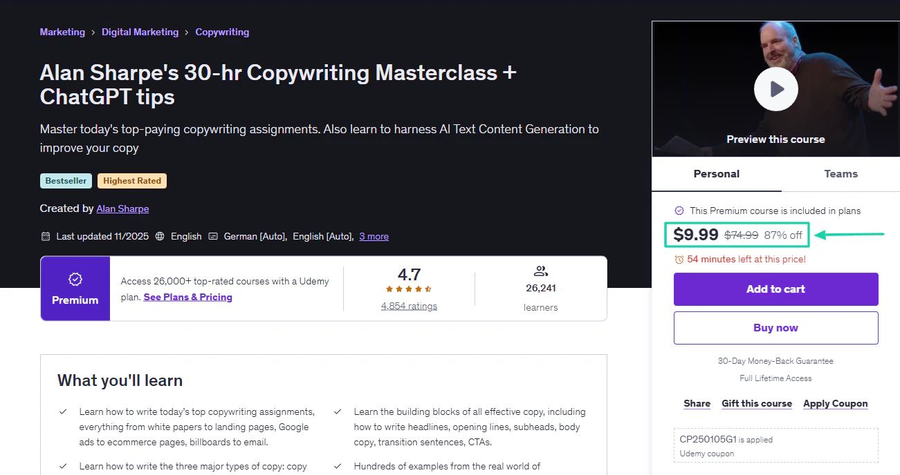 copywriting course by alan sharpe on udemy