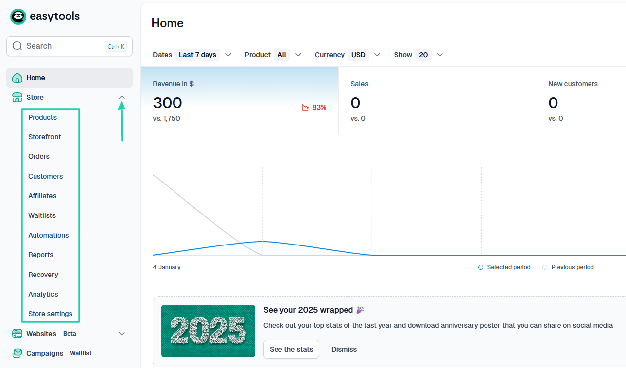 Easytools features in the sidebar