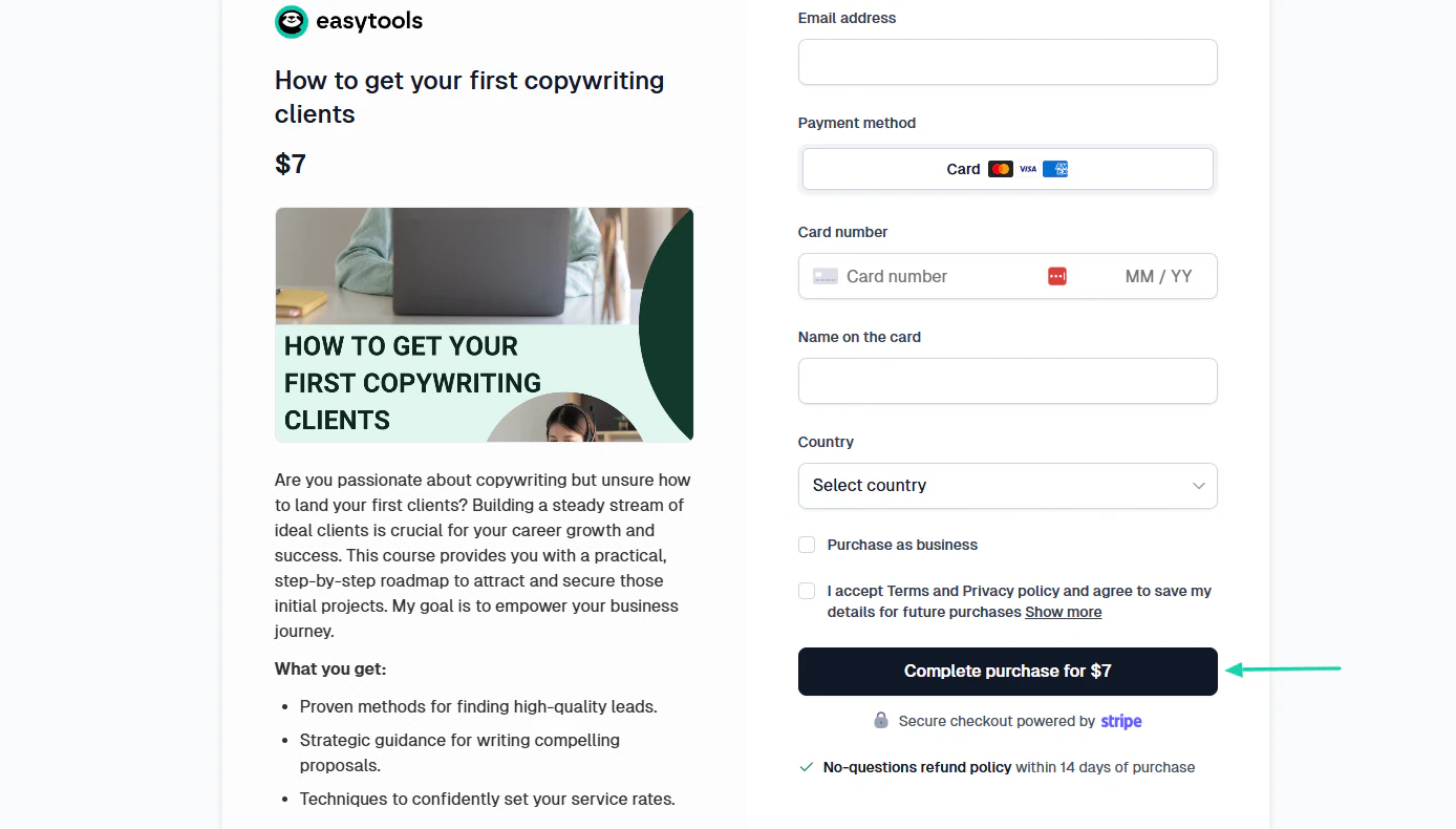 How to sell digital products online: payment processing screenshot — course builder