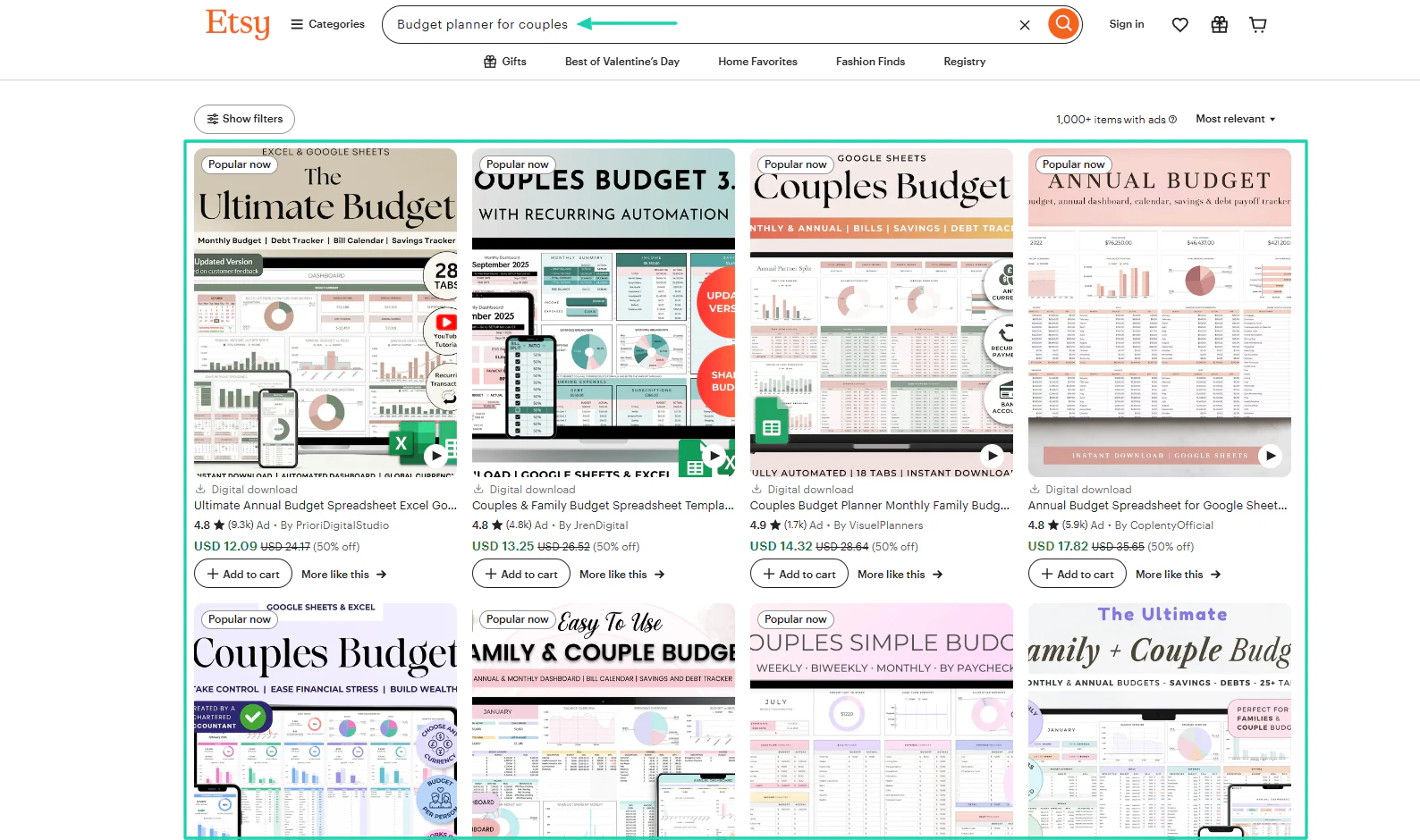 search results page on etsy