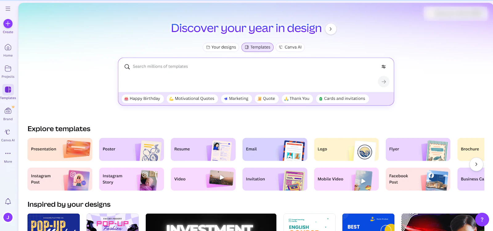 templates on canva homepage