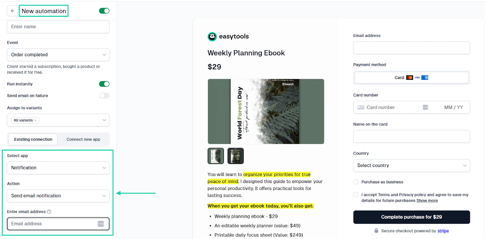 How to sell PDFs online: email editor showing “Notification”