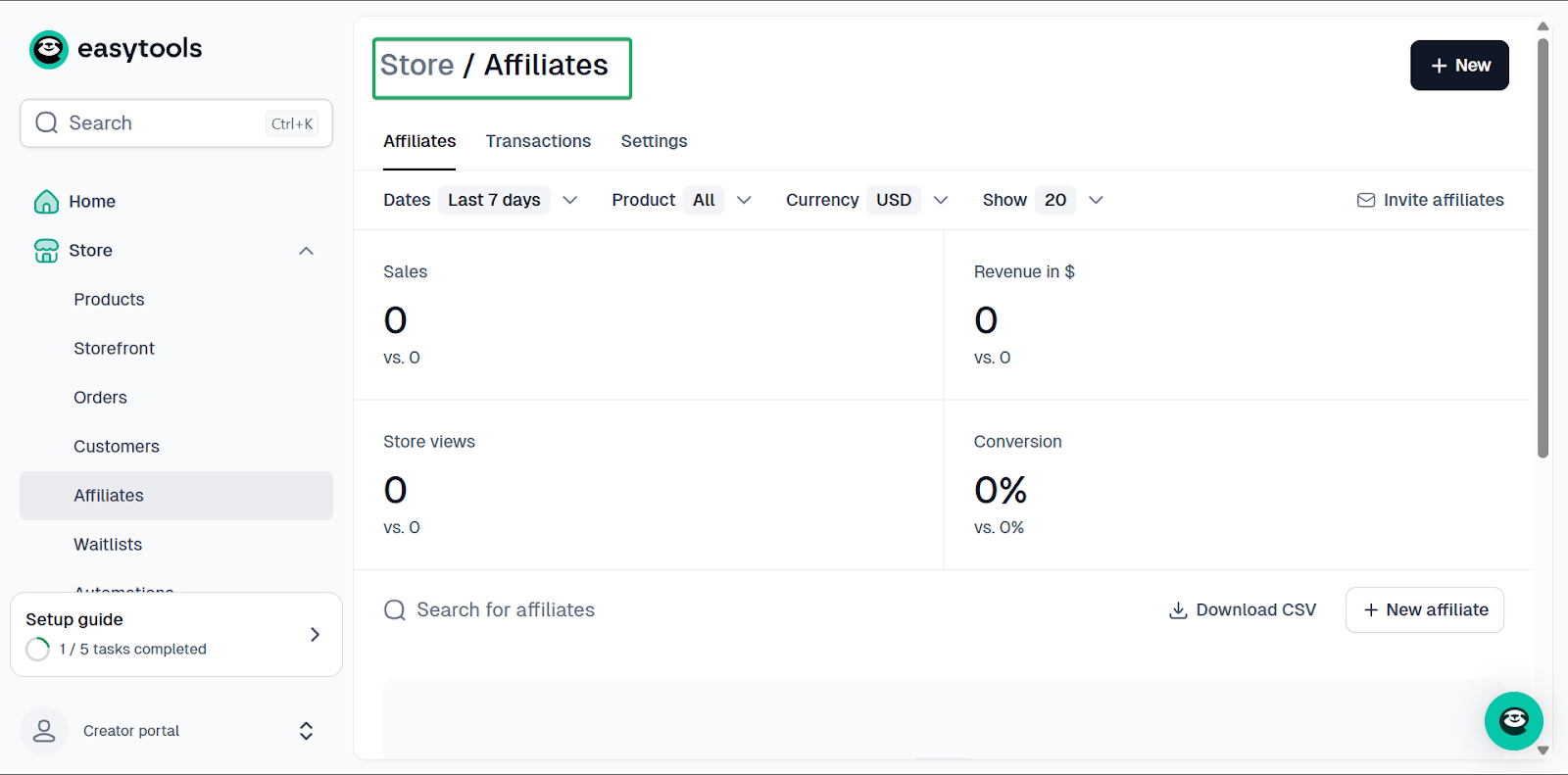 fenêtre des affiliés dans une plateforme pour créateurs de contenu