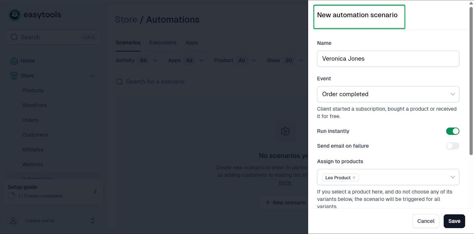 formulaire de configuration d'une automatisation