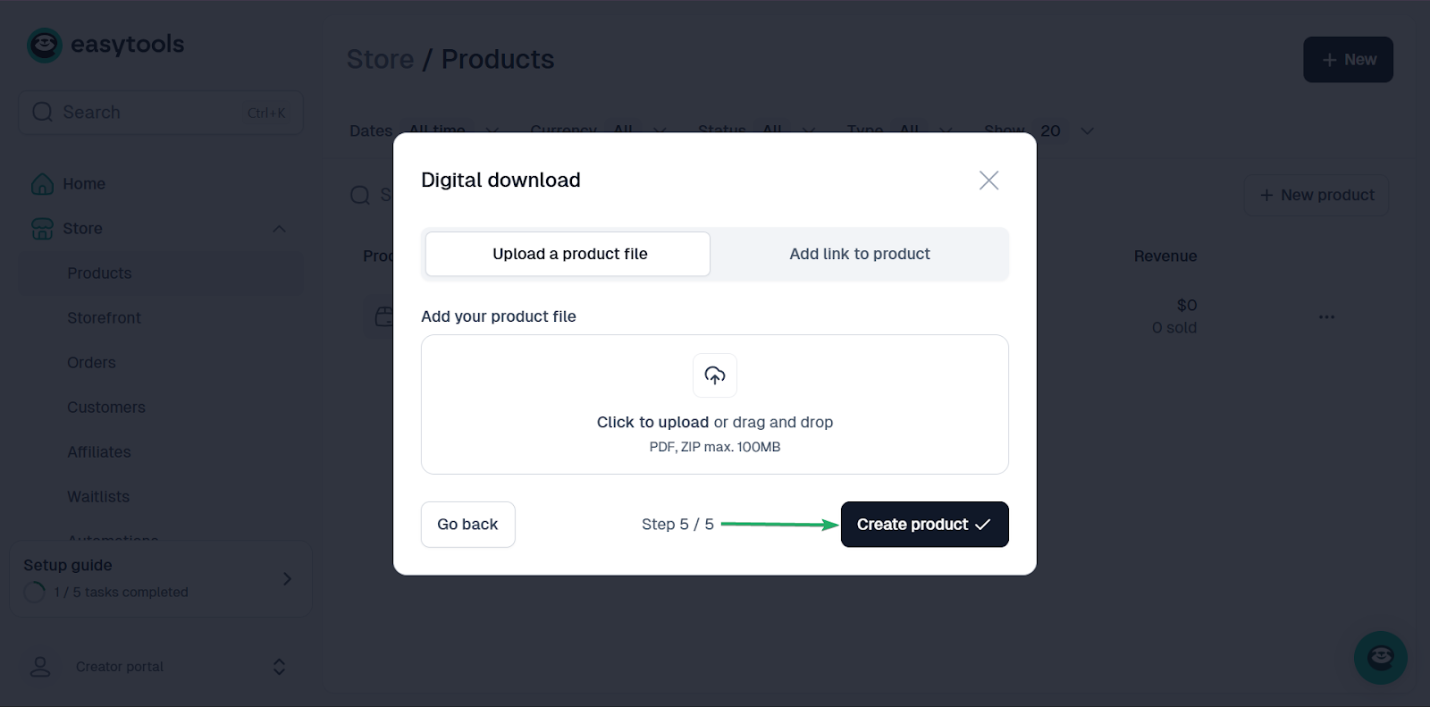 Easytools: la boutique affichant "Create product"