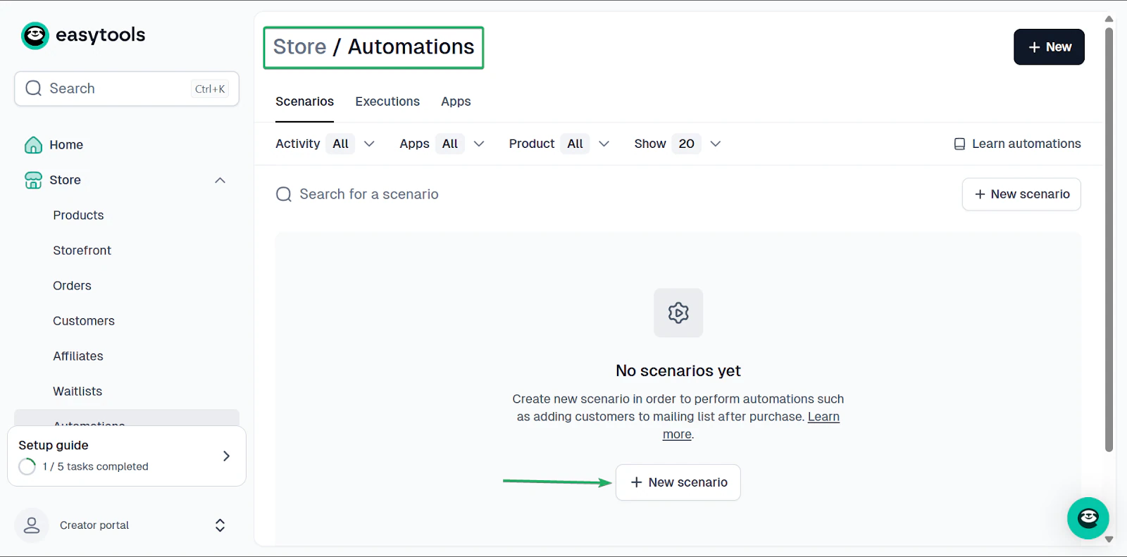 Easytools: les automatisations affichant "+ New scenario" - réglages de disponibilité