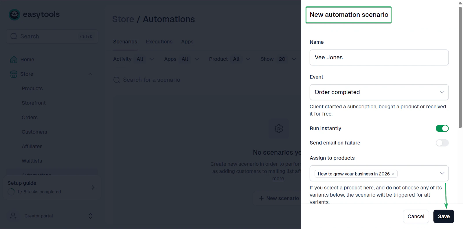remplissez le formulaire du nouveau scénario d'automatisation