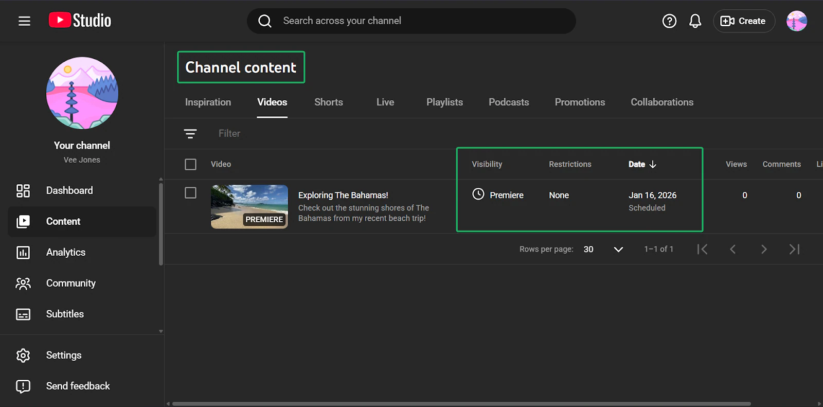 tableau de bord des contenus sur youtube