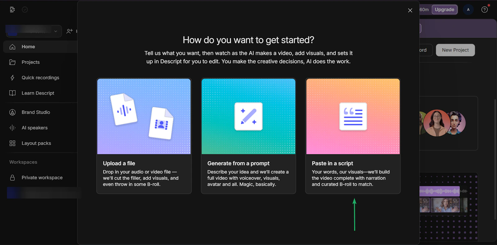 Descript: l'ai video maker affichant "Paste in a script"