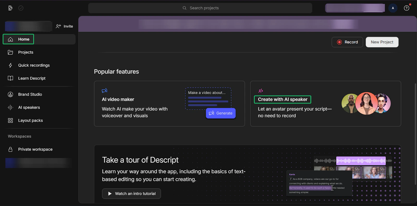 Descript: l'ai speaker affichant "Create with AI speaker"