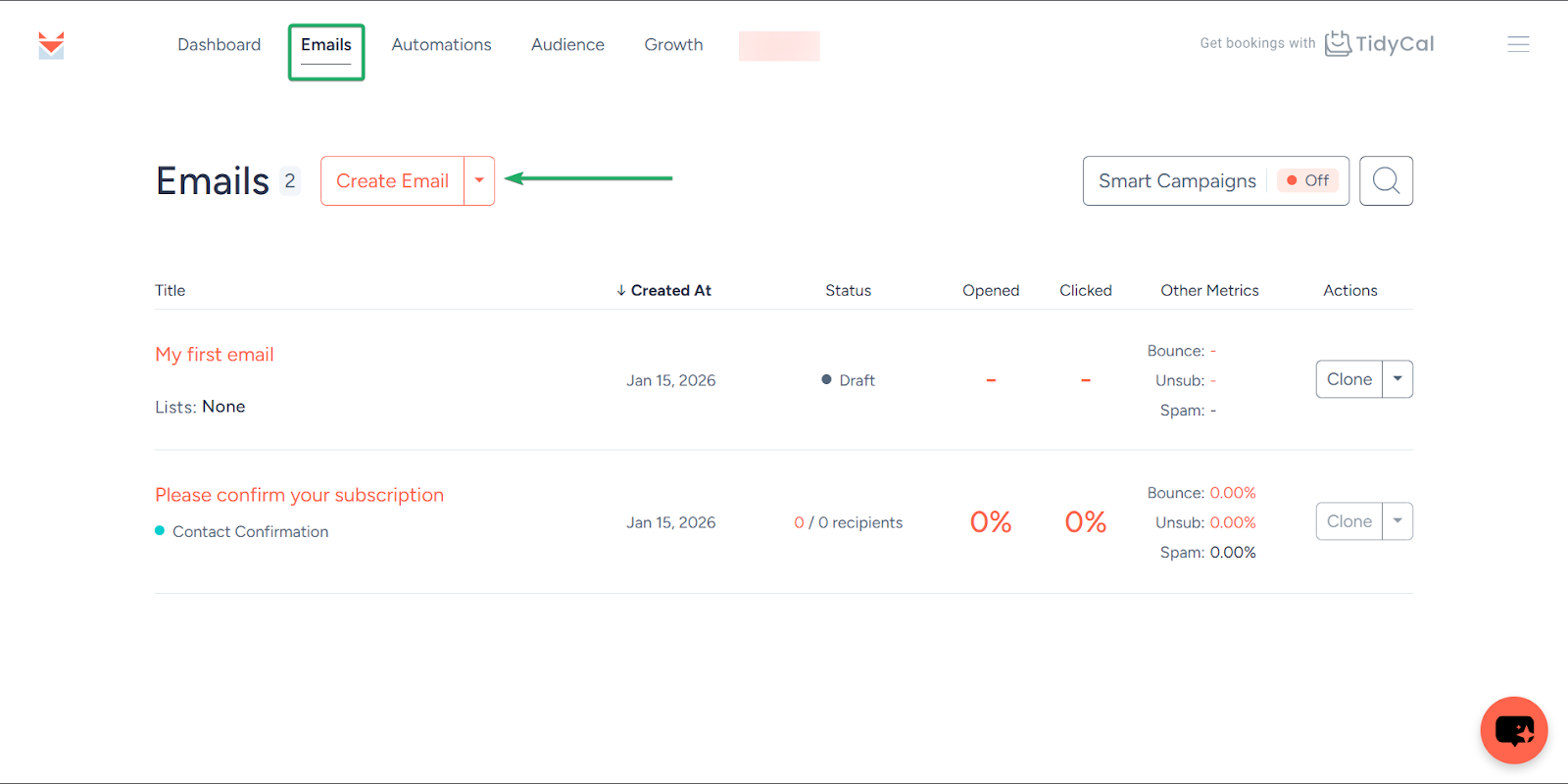 Sendfox: les emails affichant "Emails"