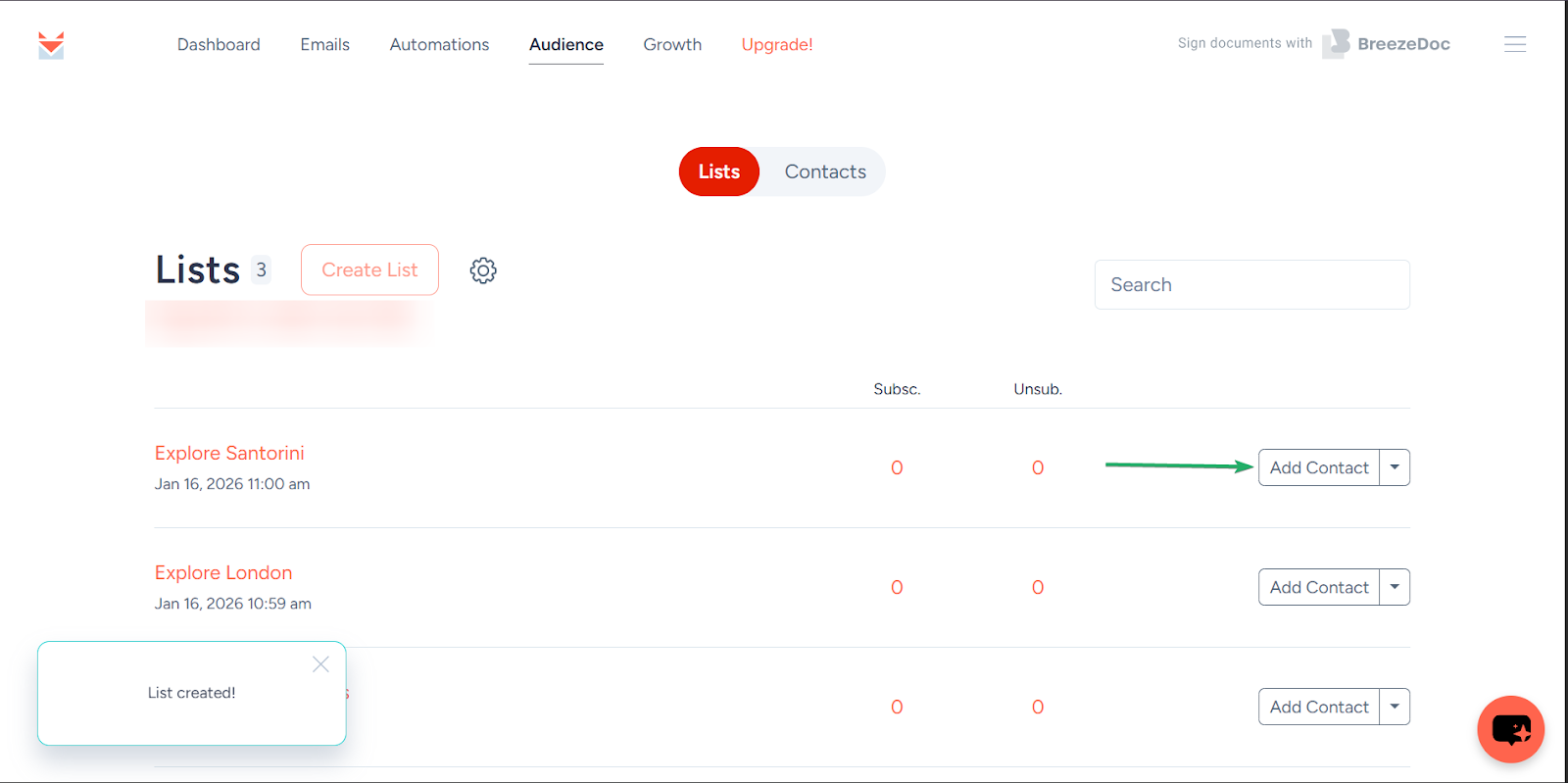 Sendfox: l'audience affichant "Add Contact" - créateur de formulaire