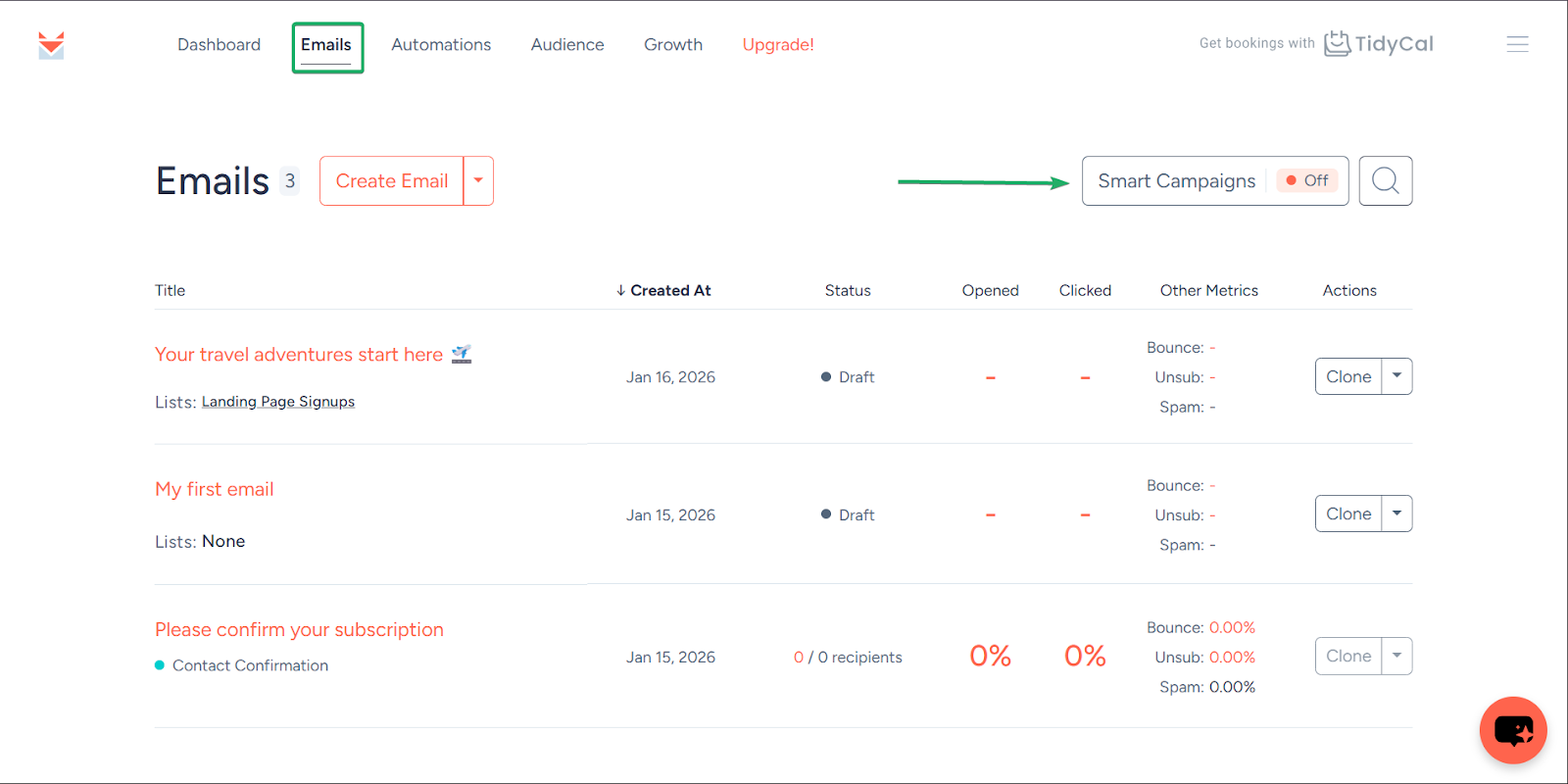 Sendfox: les smart campaigns affichant "Emails"