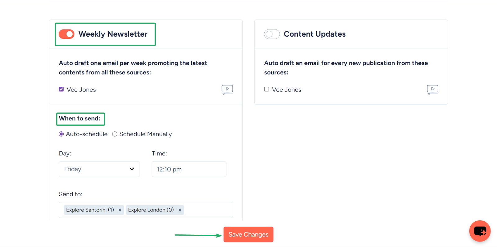 Sendfox: les smart campaigns affichant "Save changes"