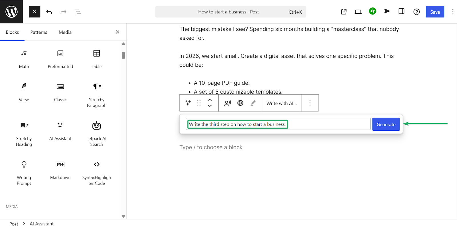 WordPress: l'ai assistant affichant "Generate"