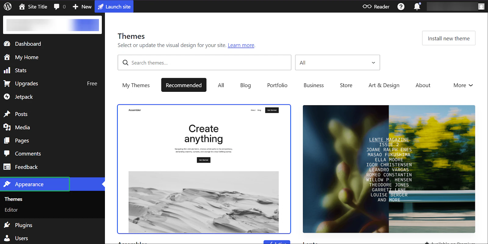 WordPress: les thèmes affichant "Appearance" - créateur de site