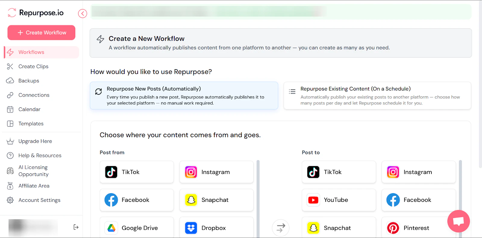 Repurpose.io: les workflows affichant "+ Create Workflow" - automatisation
