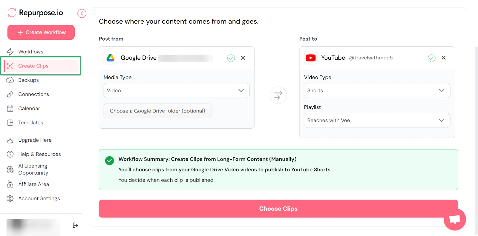 Repurpose.io: les clips affichant "Create Clips"