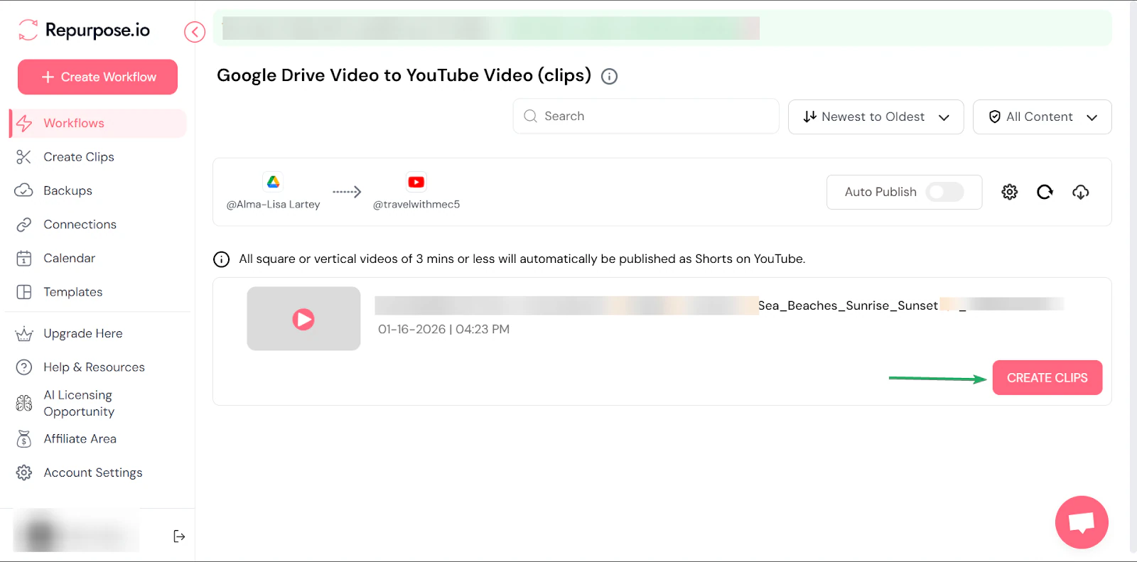 Repurpose.io: les clips affichant "Create Clips" vue 2