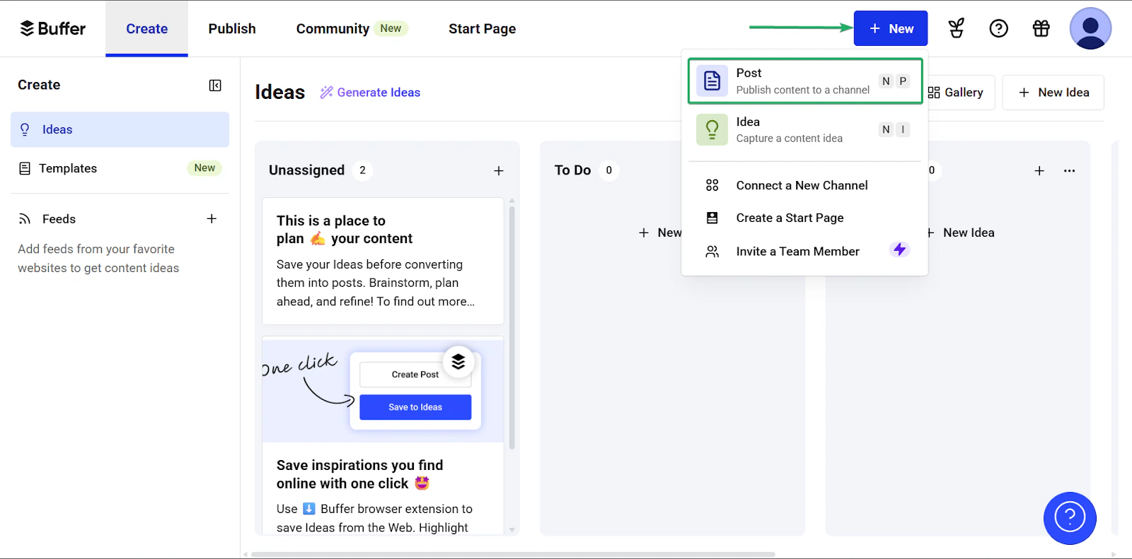 Buffer: la publication affichant "+ New"