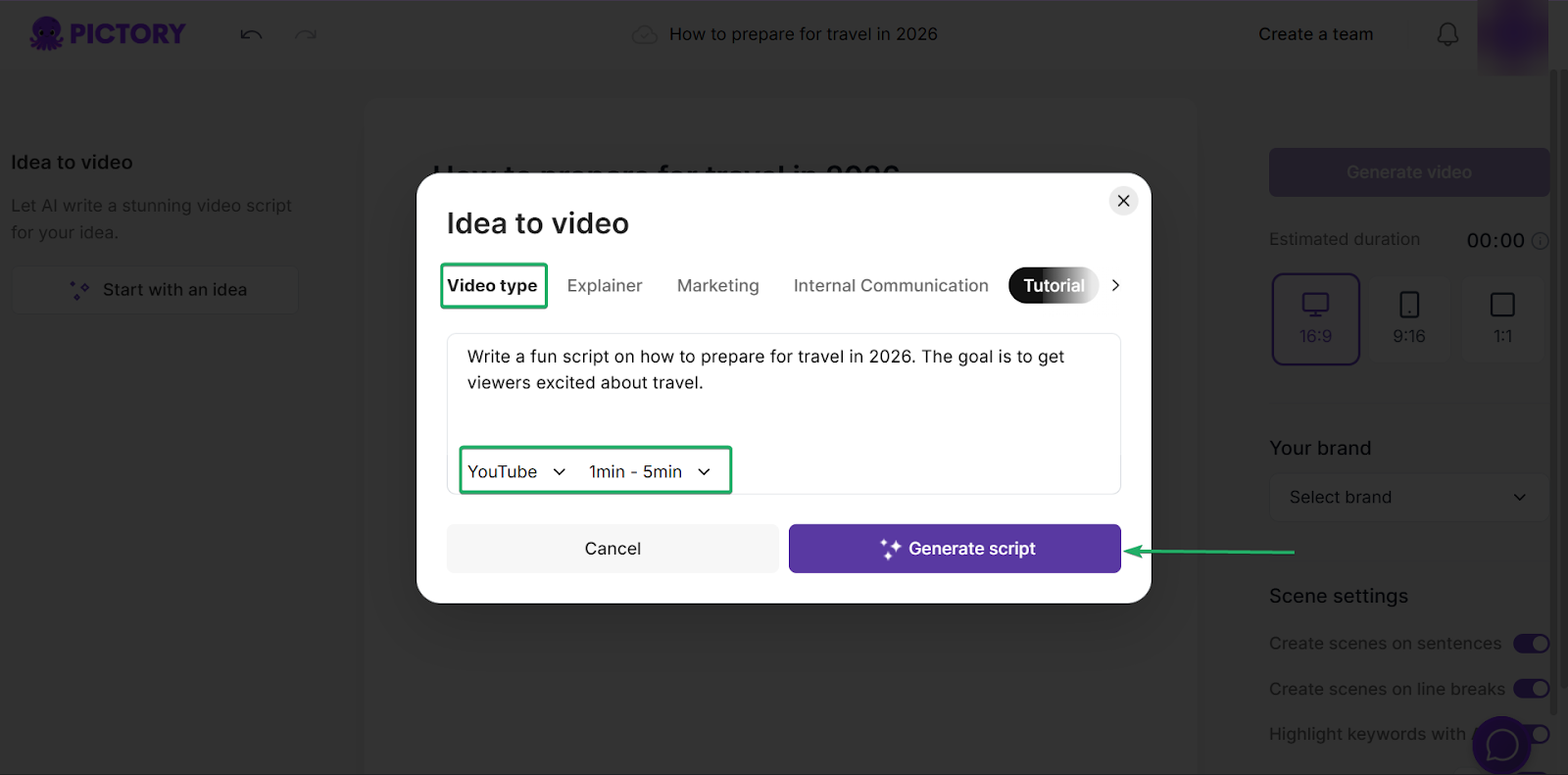 Pictory: capture de la création de vidéos vue 2