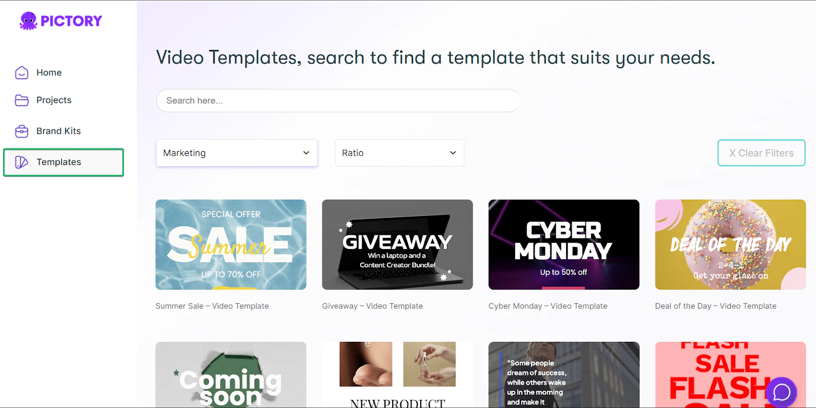 bibliothèque de templates sur pictory