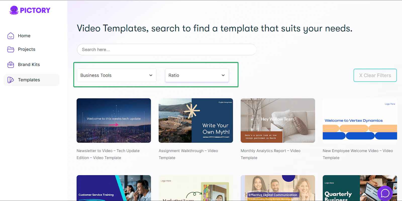 Pictory: les templates affichant "Download" - créateur de site