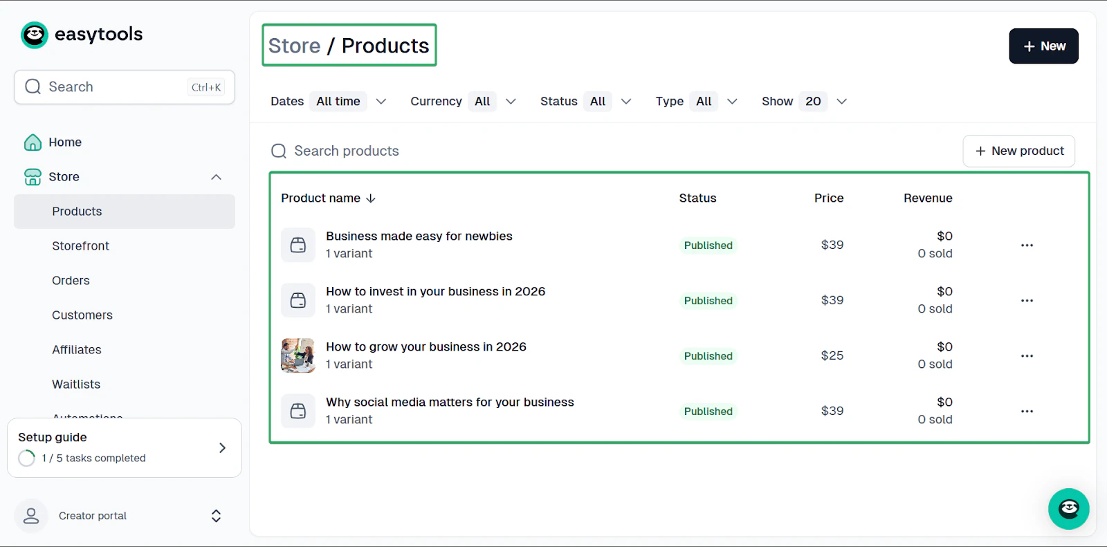 liste d'articles dans la fonctionnalité produits d'easytools