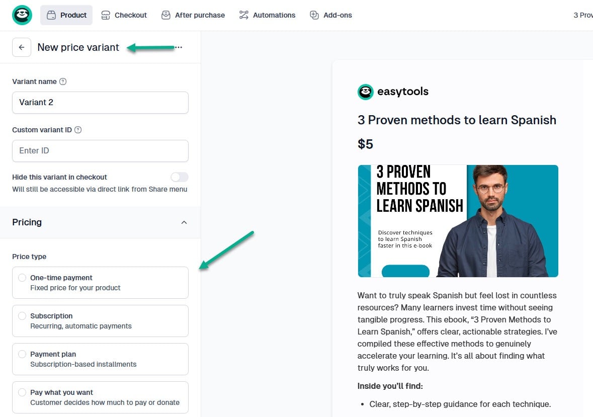 fonction variante de prix et type sur easycart