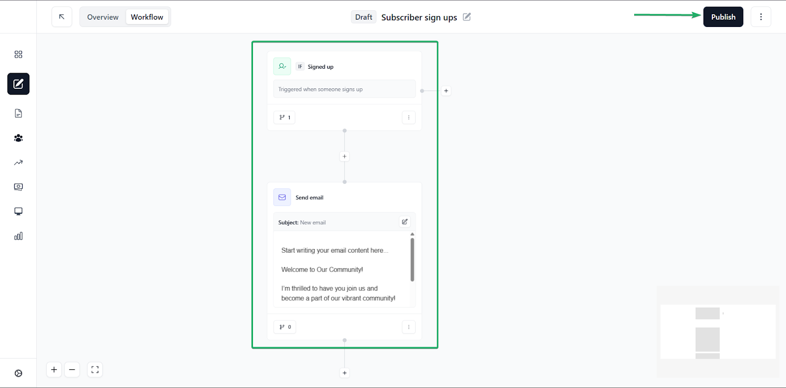 beehiiv: les automatisations affichant "Publish" - éditeur d'email
