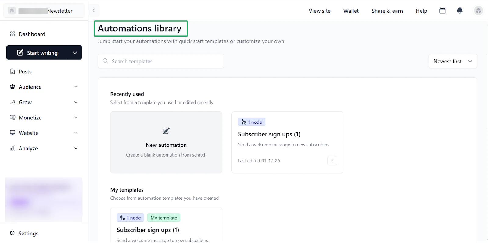 bibliothèque d'automatisations sur une plateforme pour créateurs de contenu