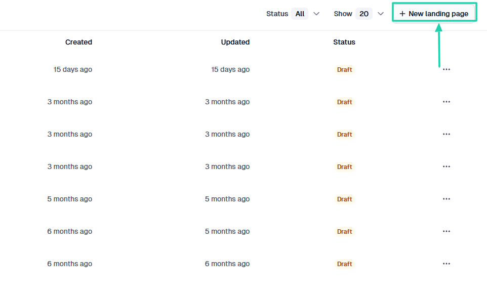 Easytools: landing pages affichant "+ New landing page" - créateur de site