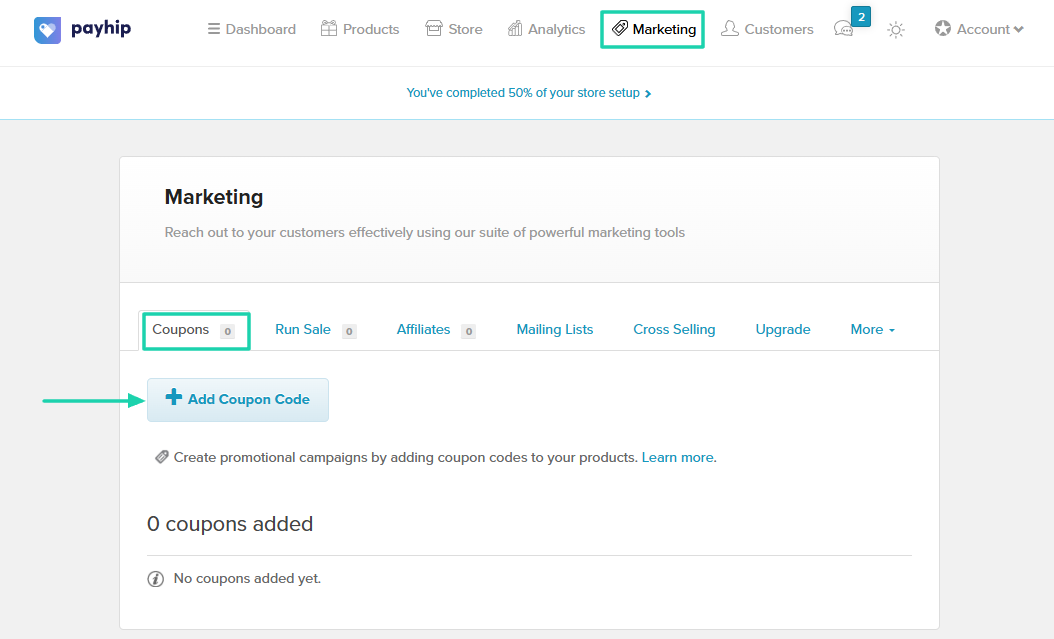 Payhip: coupons affichant "Add coupon code"