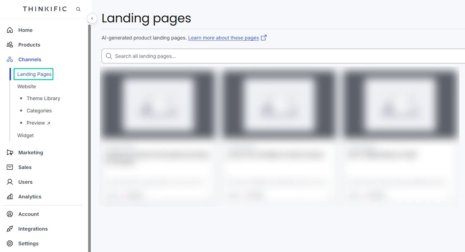 la fonctionnalité landing page de Thinkific