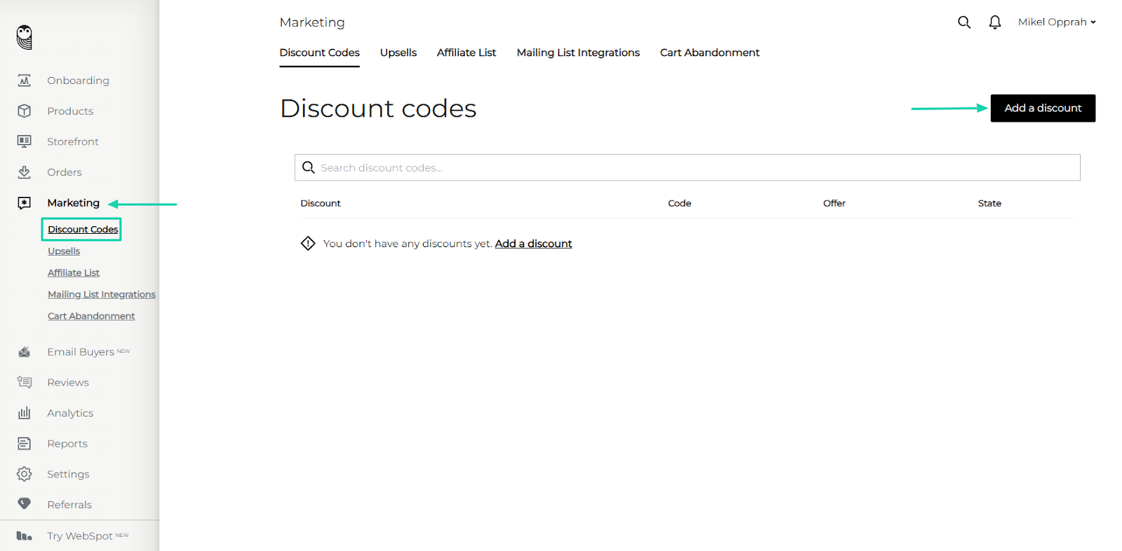 la sous-fonctionnalité discount codes dans le menu latéral