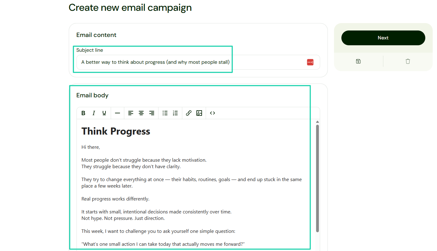 fenêtre d'édition d'une nouvelle campagne email