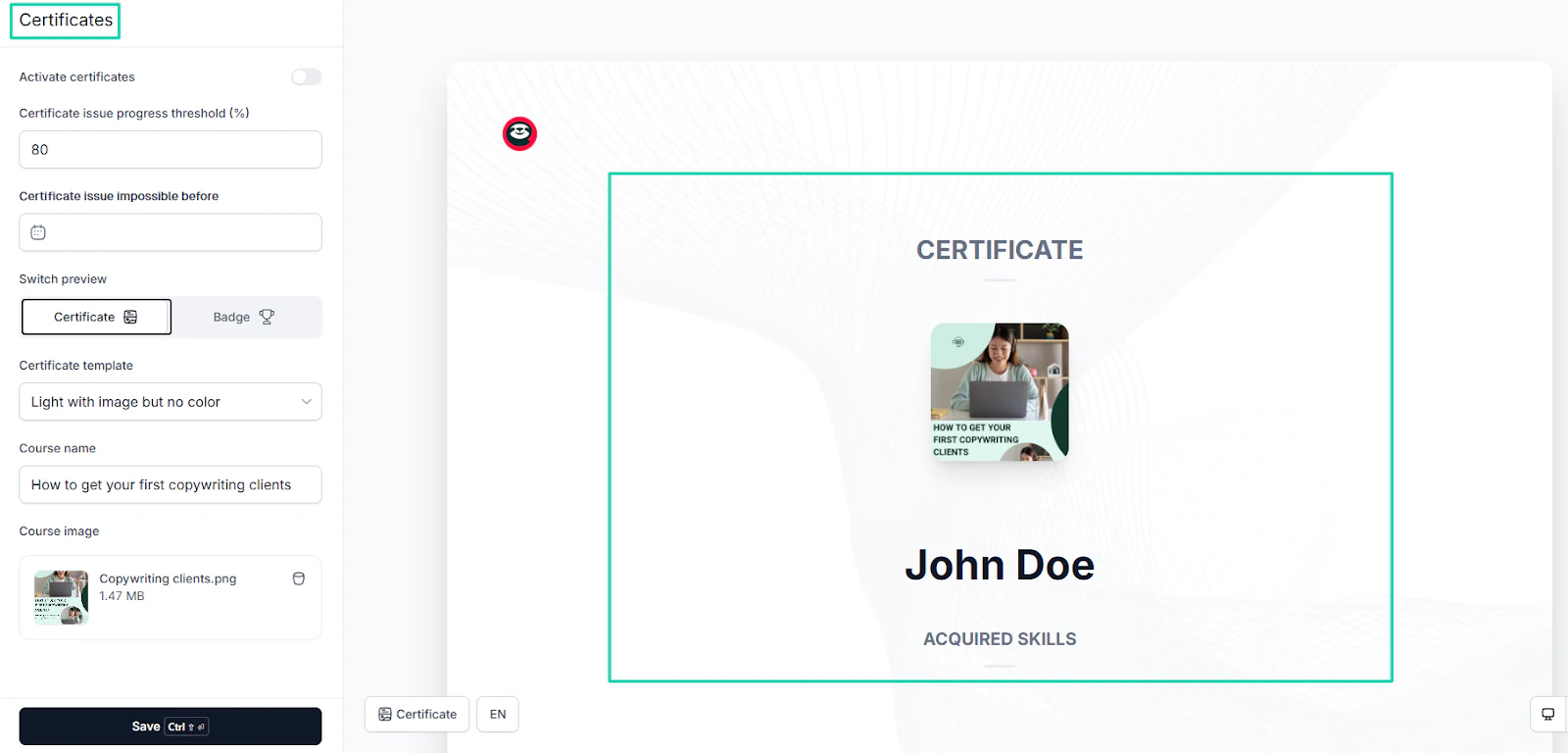 délivrance du certificat en fin de formation