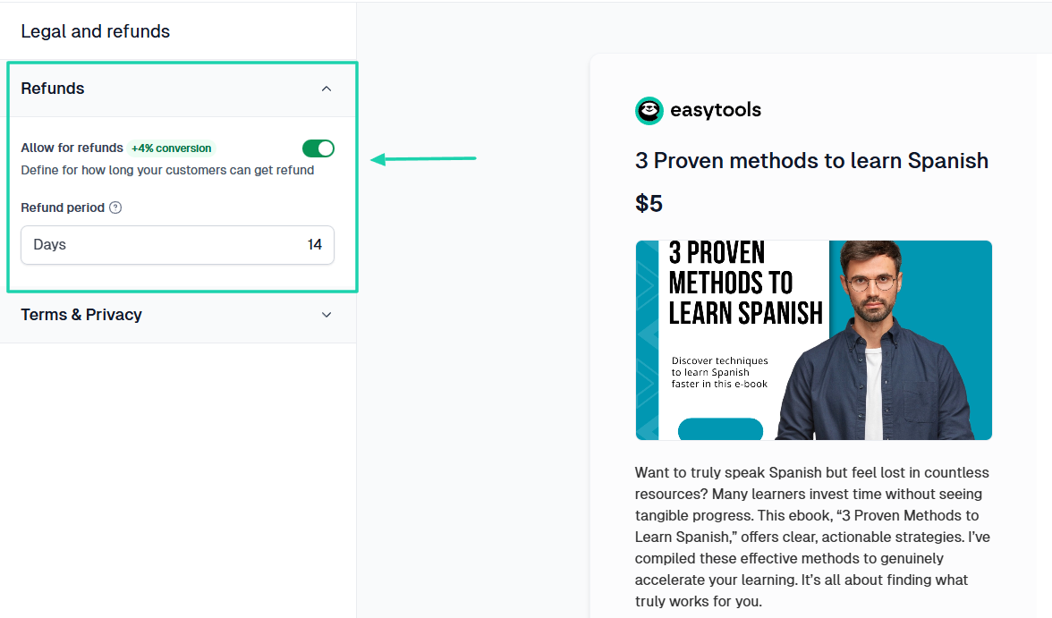 options de remboursement sur une alternative à Gumroad
