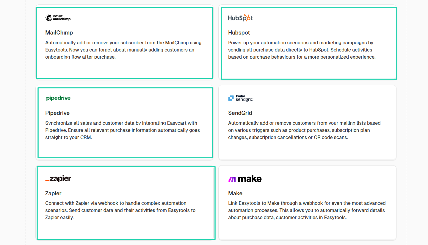 les intégrations crm et email marketing d'Easytools
