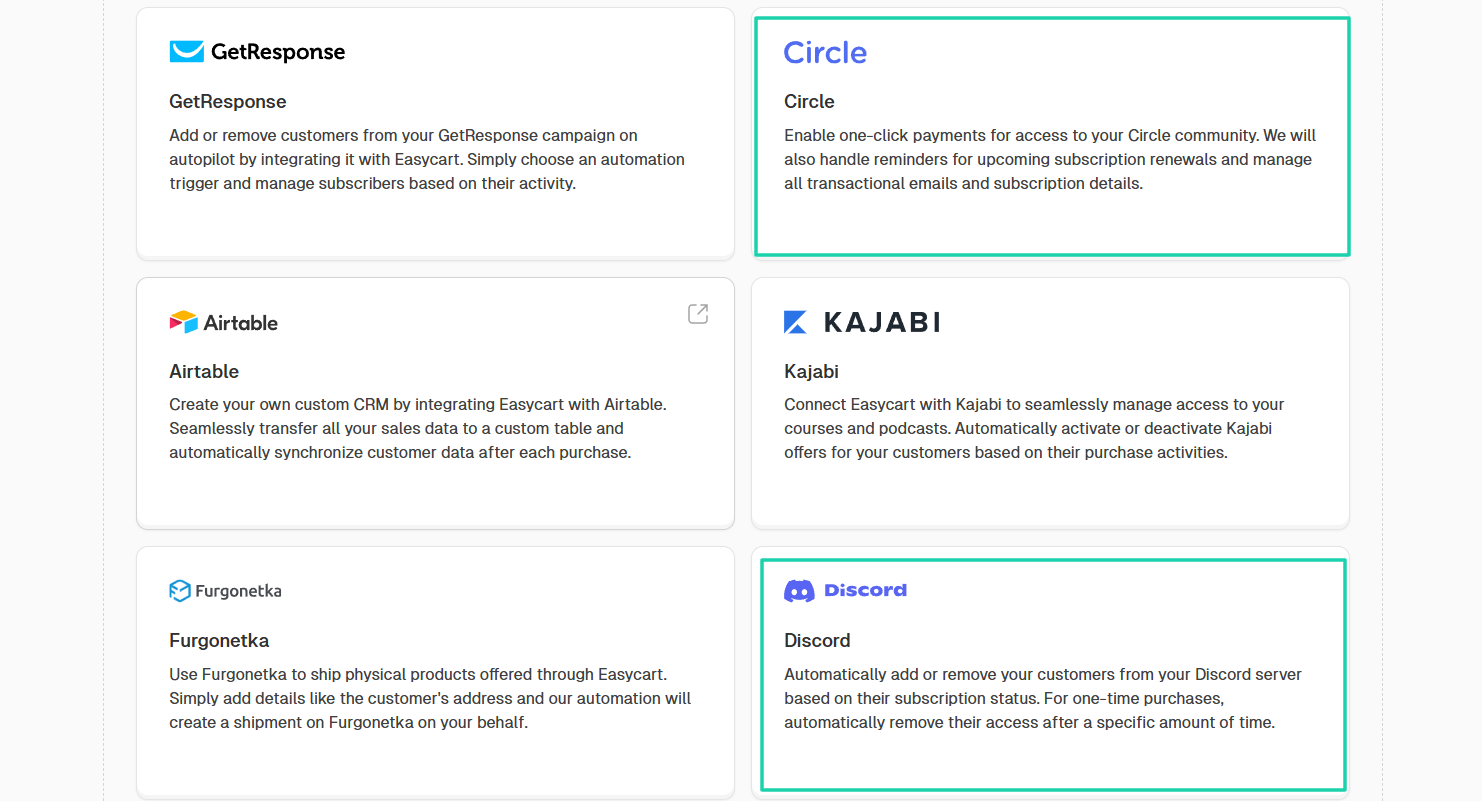 les intégrations circle et discord sur Easytools